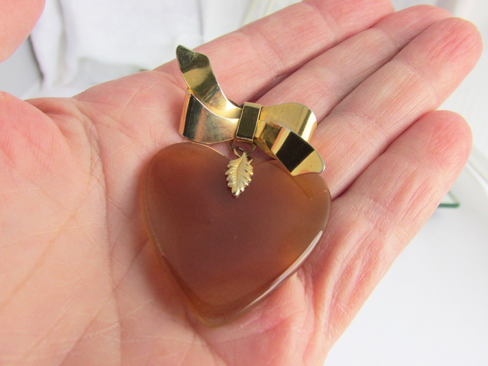 Vintage Carnelian Heart Dangling Bow Pin Gold Plate Translucent Stone