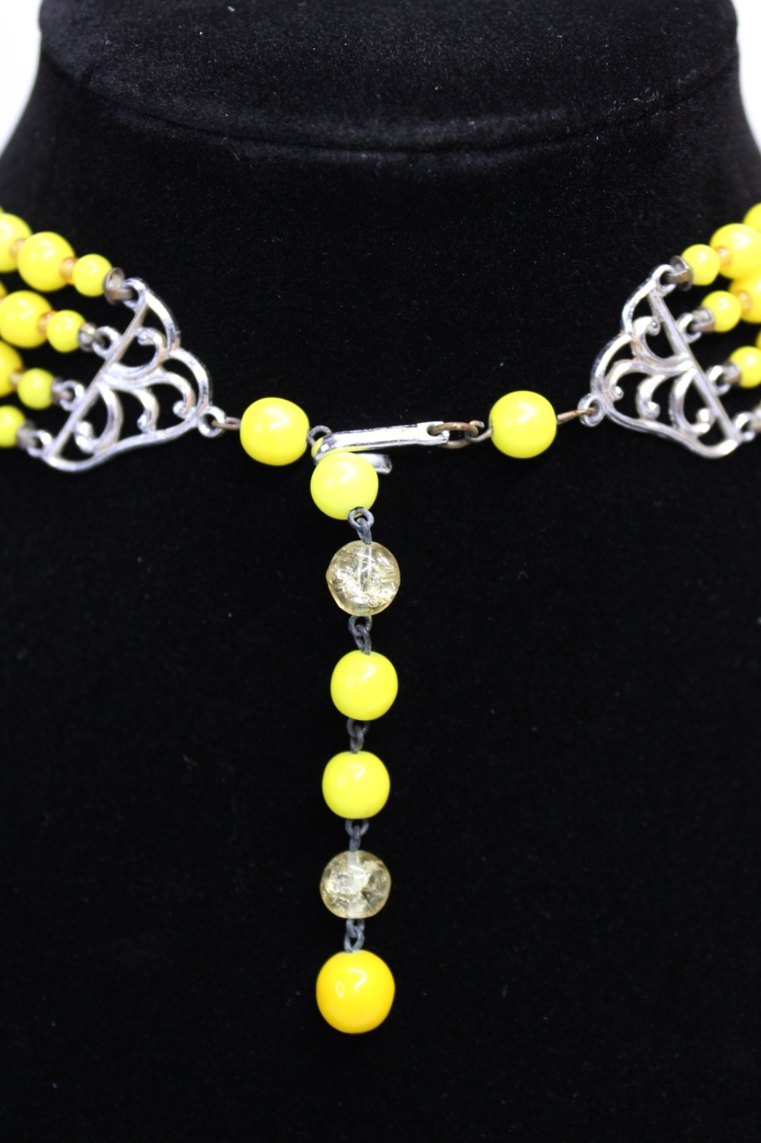 Vintage Yellow Multi Strand Beaded Necklace Earrings Set Art Deco Czech Style