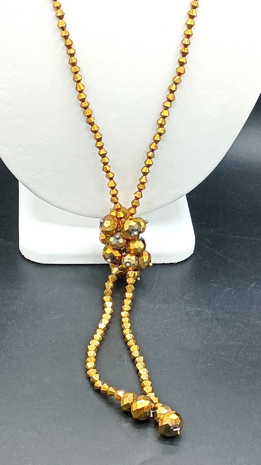 Vintage Lariat Tassel Necklace Beaded Gold Tone Faceted Bicone Sparkle Bow 29″