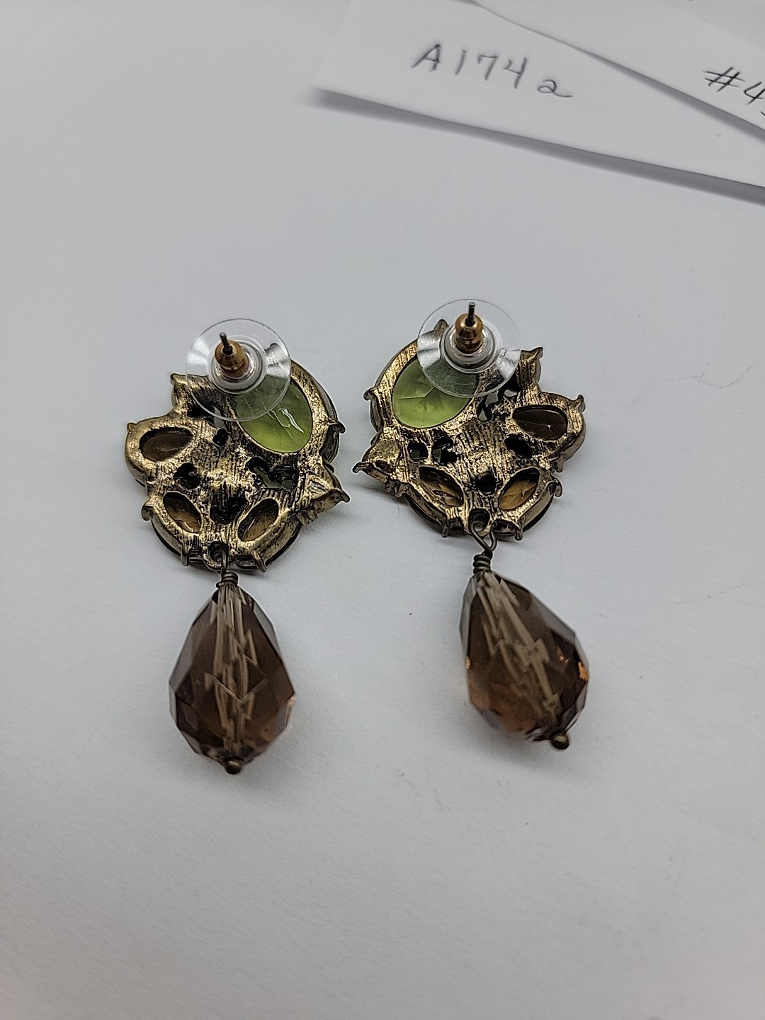 Green Brown Vintage Gem Stud With Bead Dangle Olive Green Golden Brown Unbranded