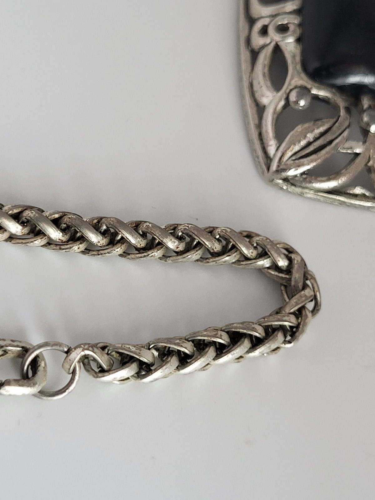 Vintage Wheat Chain Filigree Rectangle 2.5″ Pendant Resin Stone 15″