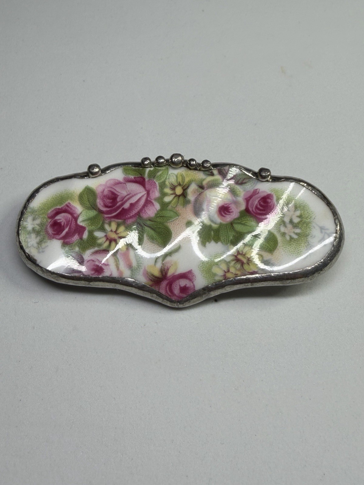 Vintage 1998Linda Carrigan Broken China Brooch Pendant Signed Artisan Floral Pin