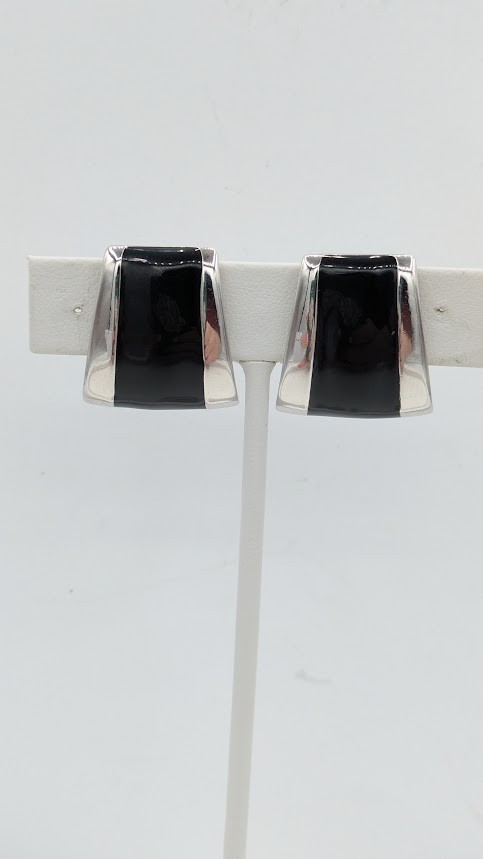 Vintage MONET Bracelet Earrings Set Black Enamel Silver Tone Modernist Demi Paru