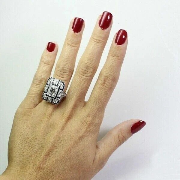 Art Deco Vintage Style Lab Created Diamond Engagement 14K White Gold Finish Ring