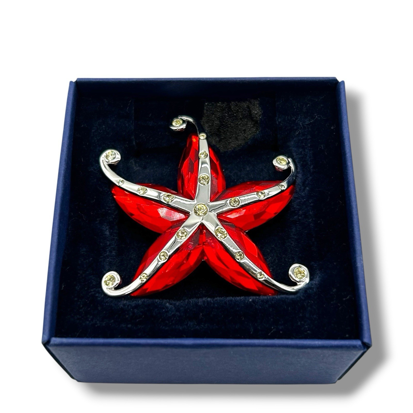 Authentic Swarovski Starfish Brooch Red Crystal Silver Tone With Box