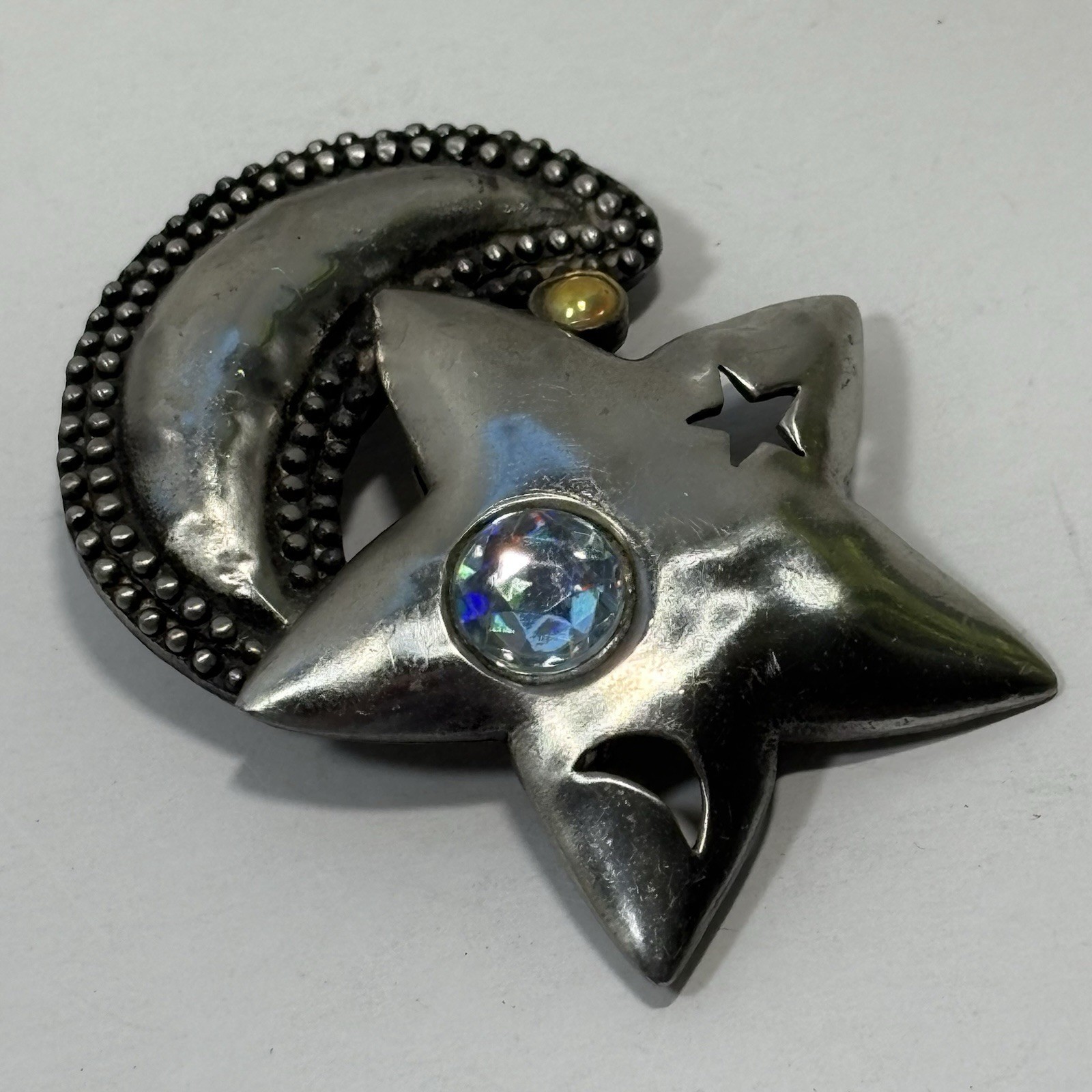 Vintage J.J Jonette Pewter Star Crescent Moon Pin Crystals Pierced Celestial 2″