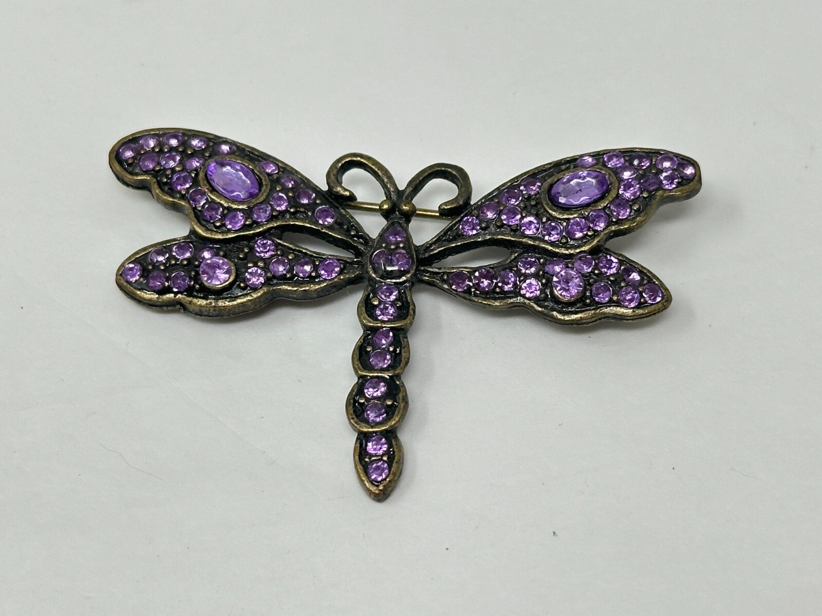Pretty Bronze Color Purple Rhinestone Figural 2.25″ DRAGONFLY Brooch Pin