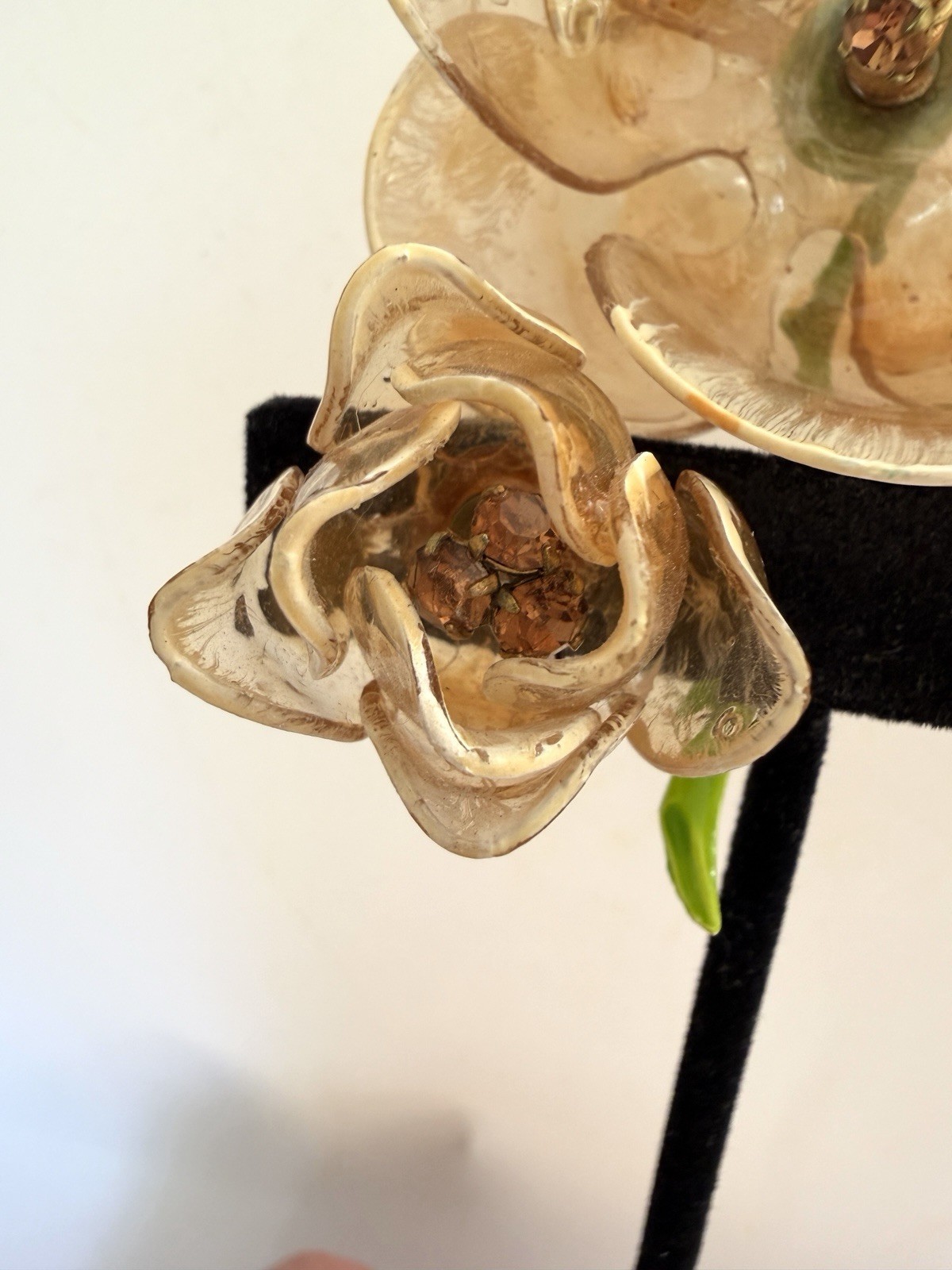Cellulose Acetate Rhinestone Flower Brooch Earring Set Amber Demi Parure 50s Lot