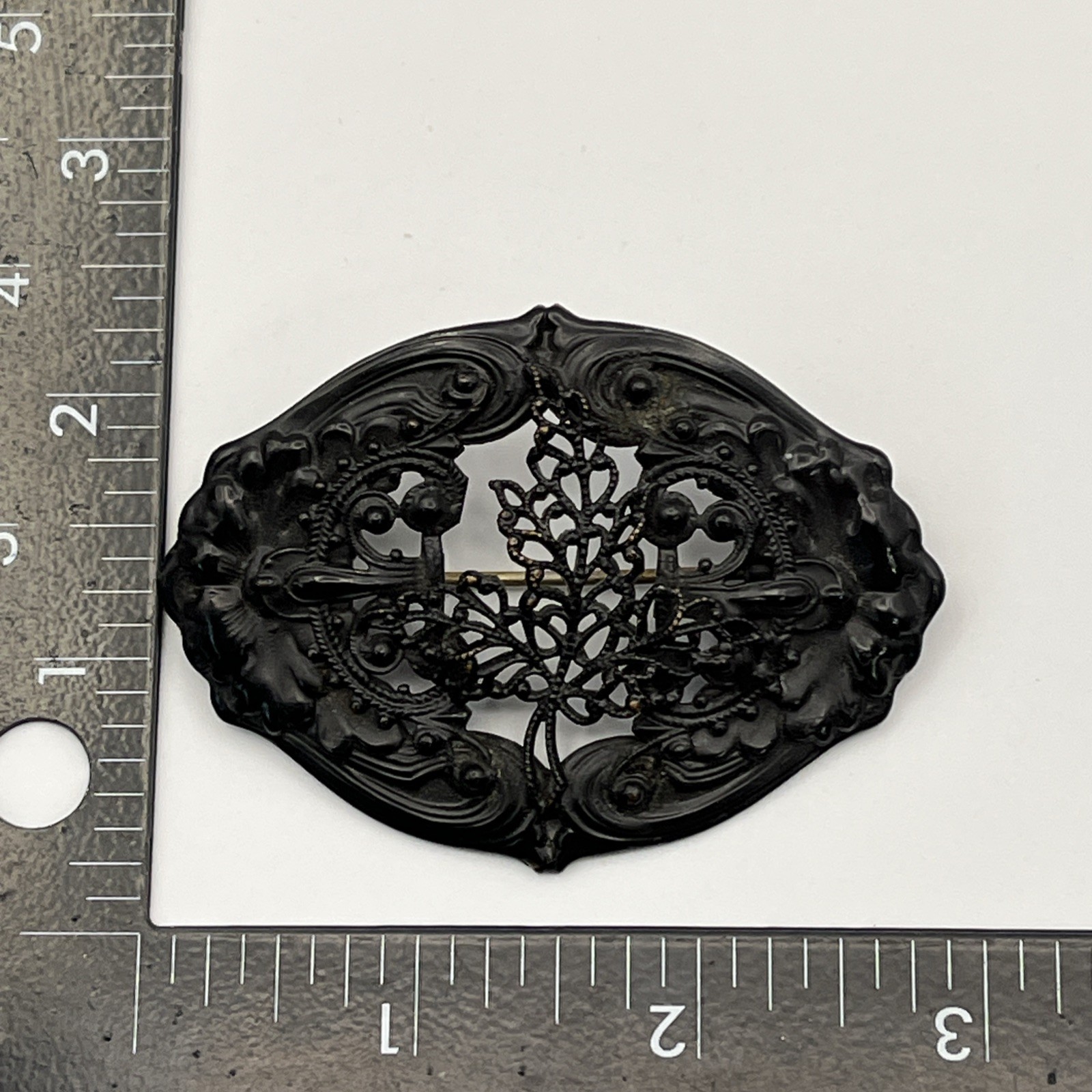 Antique Victorian Era Berlin Iron Style Mourning Brooch Filigree Scrools 2.75″