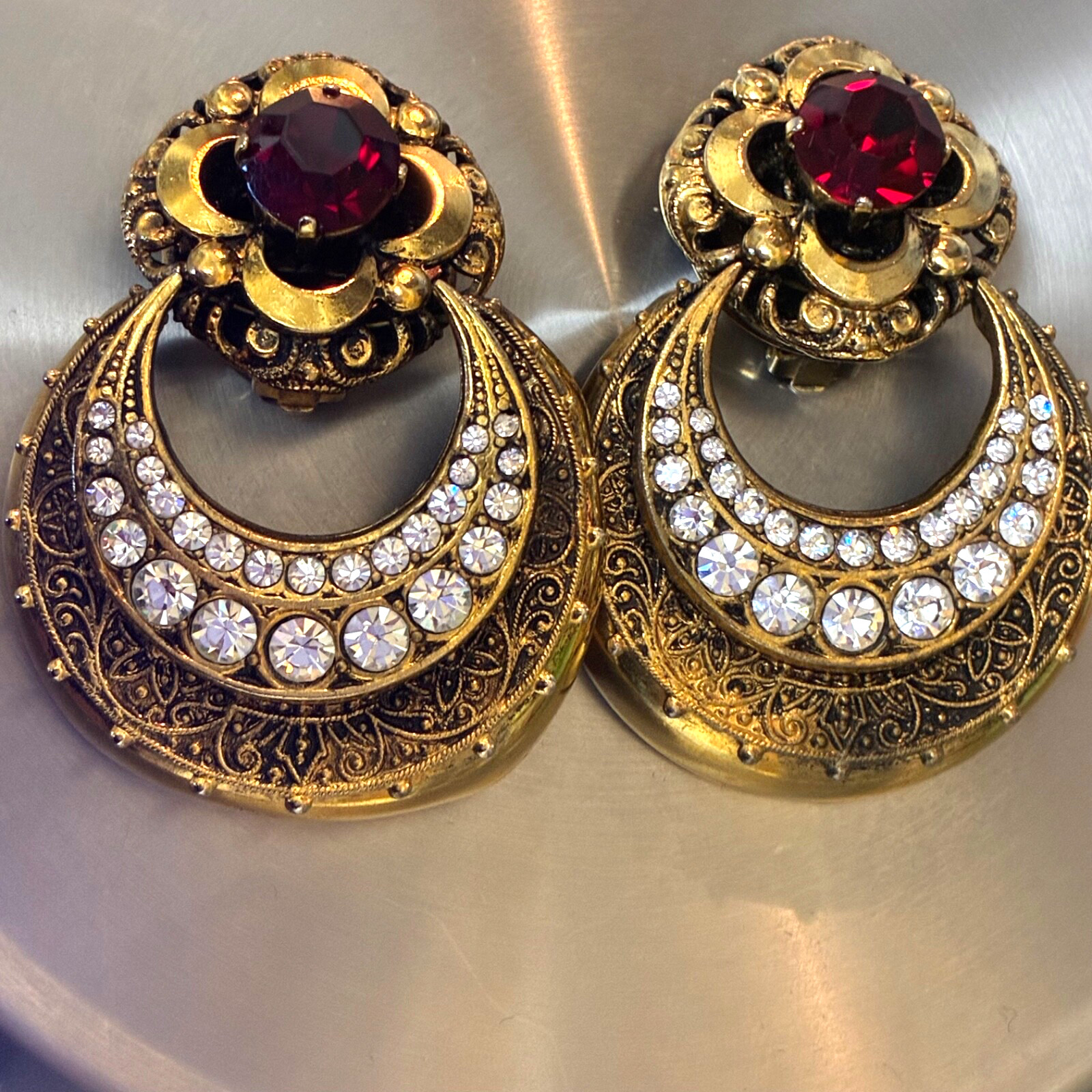 Red Rhinestone Doorknocker Clip-On Earrings