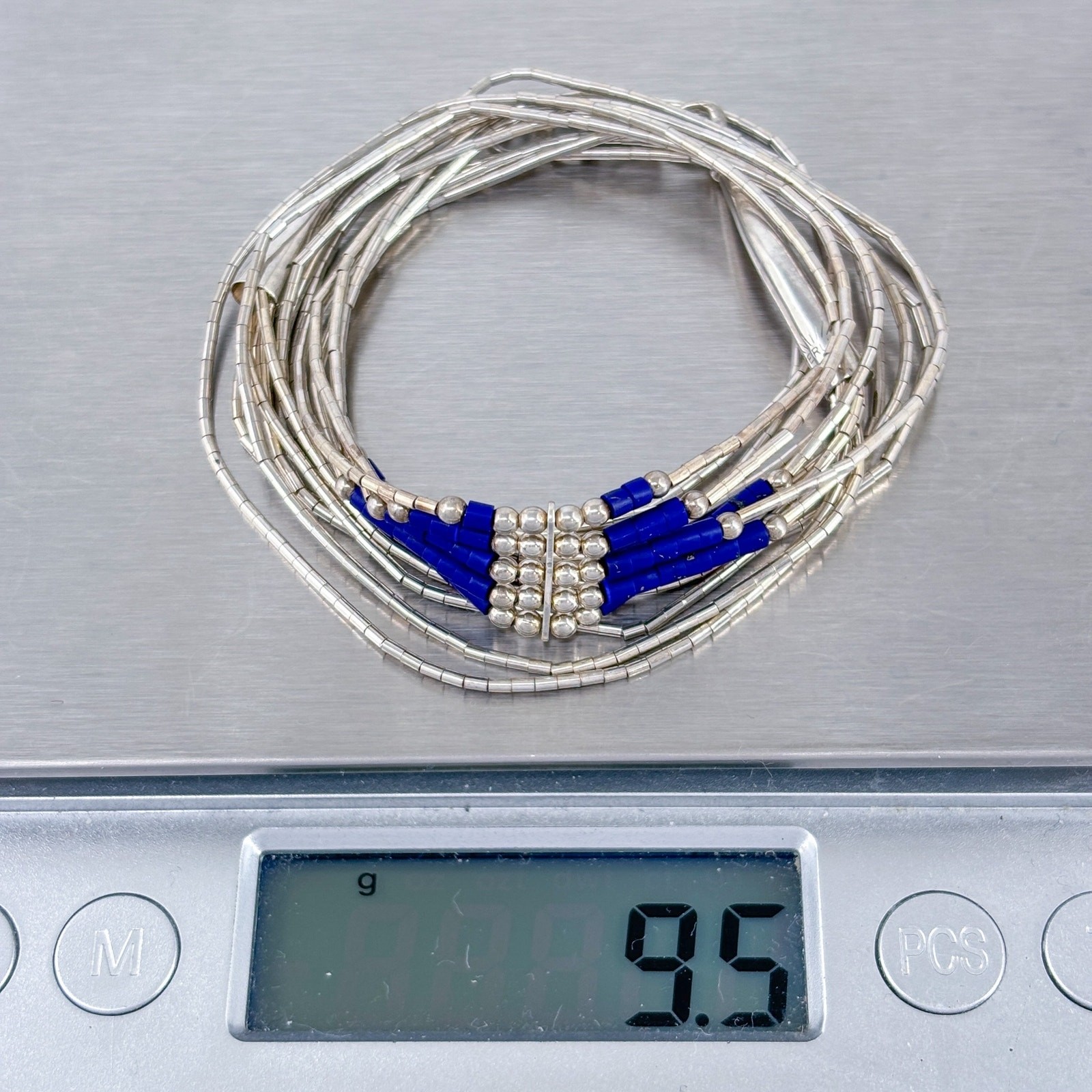 Vintage Sterling Liquid Silver 925 Lapis Lazuli Beaded Necklace | 16.5″