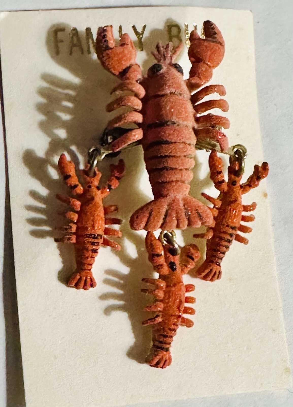 Vintage Mica Flocked LOBSTER Family Babies Scatter Pin NOC Dangle Charms Brooch