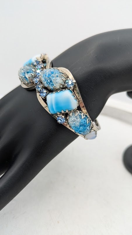Vintage Rhinestone Clamper Bracelet Crackle Cabochon Blue Glass