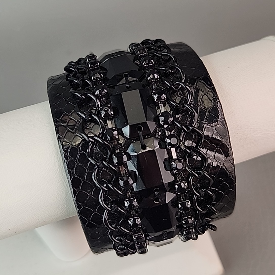 Cuff Bracelet Wide Black Faux Leather Chain Acrylic Beads 7″