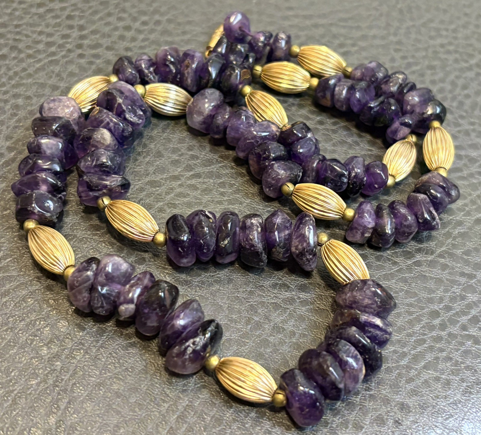 Genuine Dark Purple Amethyst Nugget Beaded Vintage Gold Tone Chunky Necklace 24”