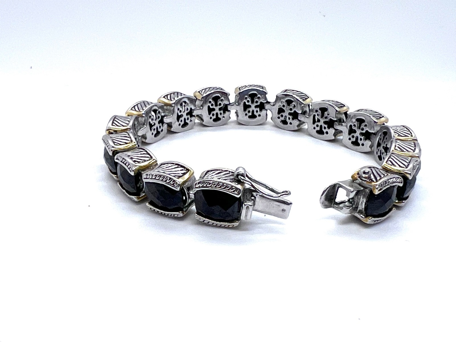Vintage 90s Silver Tone Black Glass Square Link Bracelet Boho Fashion Jewelry