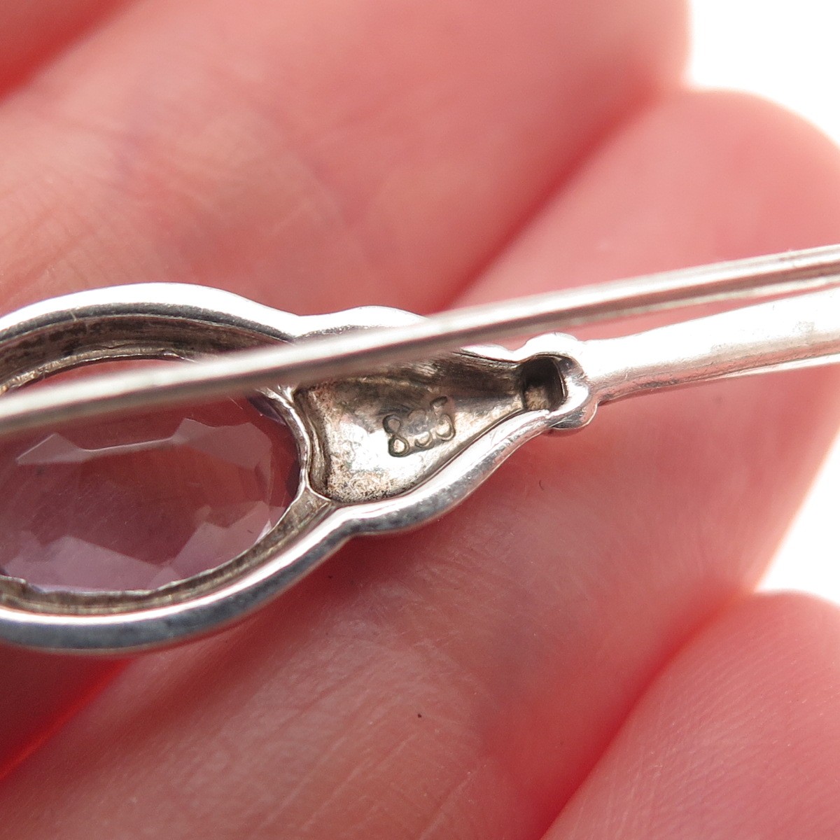 835 Silver Vintage Real Oval-Cut Amethyst Oxidized Bar Pin Brooch