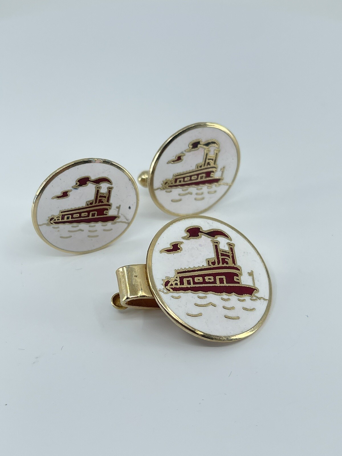 Mr Tara River boat cufflinks and tie clip set red gold white enamel 1″