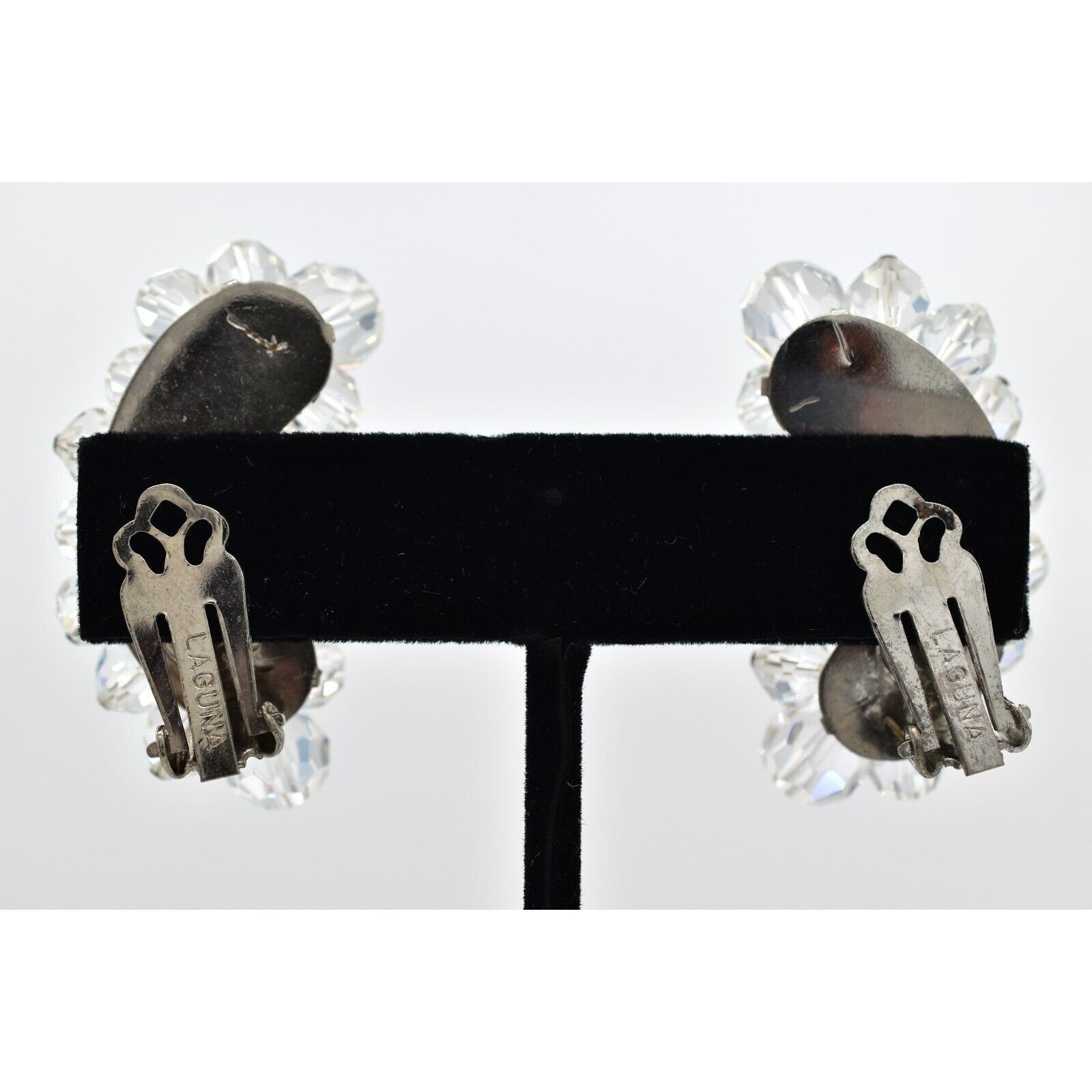Laguna Vintage Clip On Crystal Earrings Clear Climber Bridal Signed 1950s A24