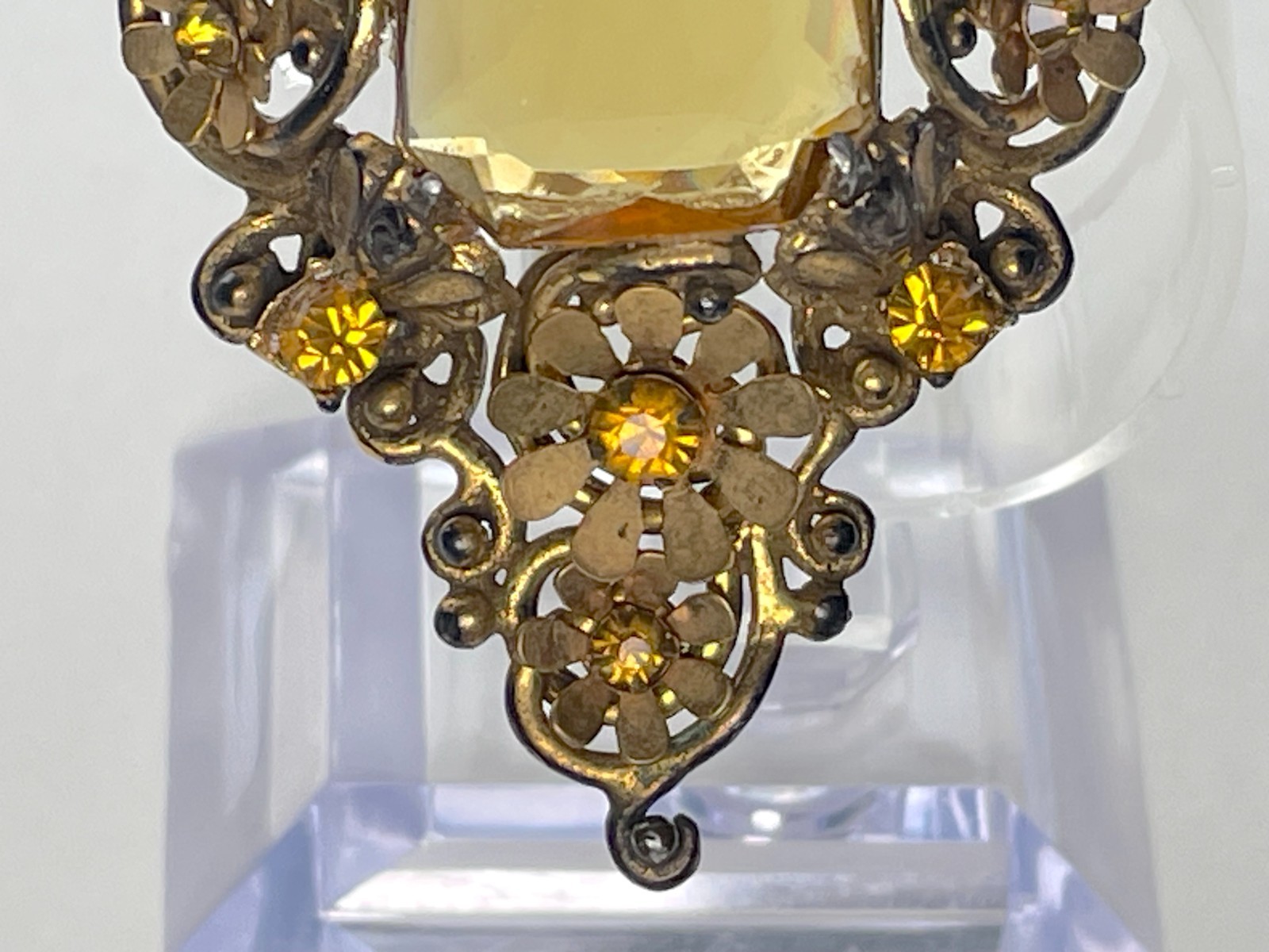 Victorian Clip Brooch | Massive Faux Citrine in Goldtone Metal – Astonishing!