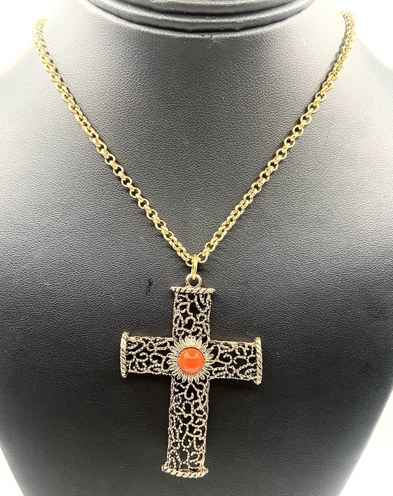 Vintage Estate 2 3/4” Cross Gold Tone Orange Stone with Chain 36”Long Necklace