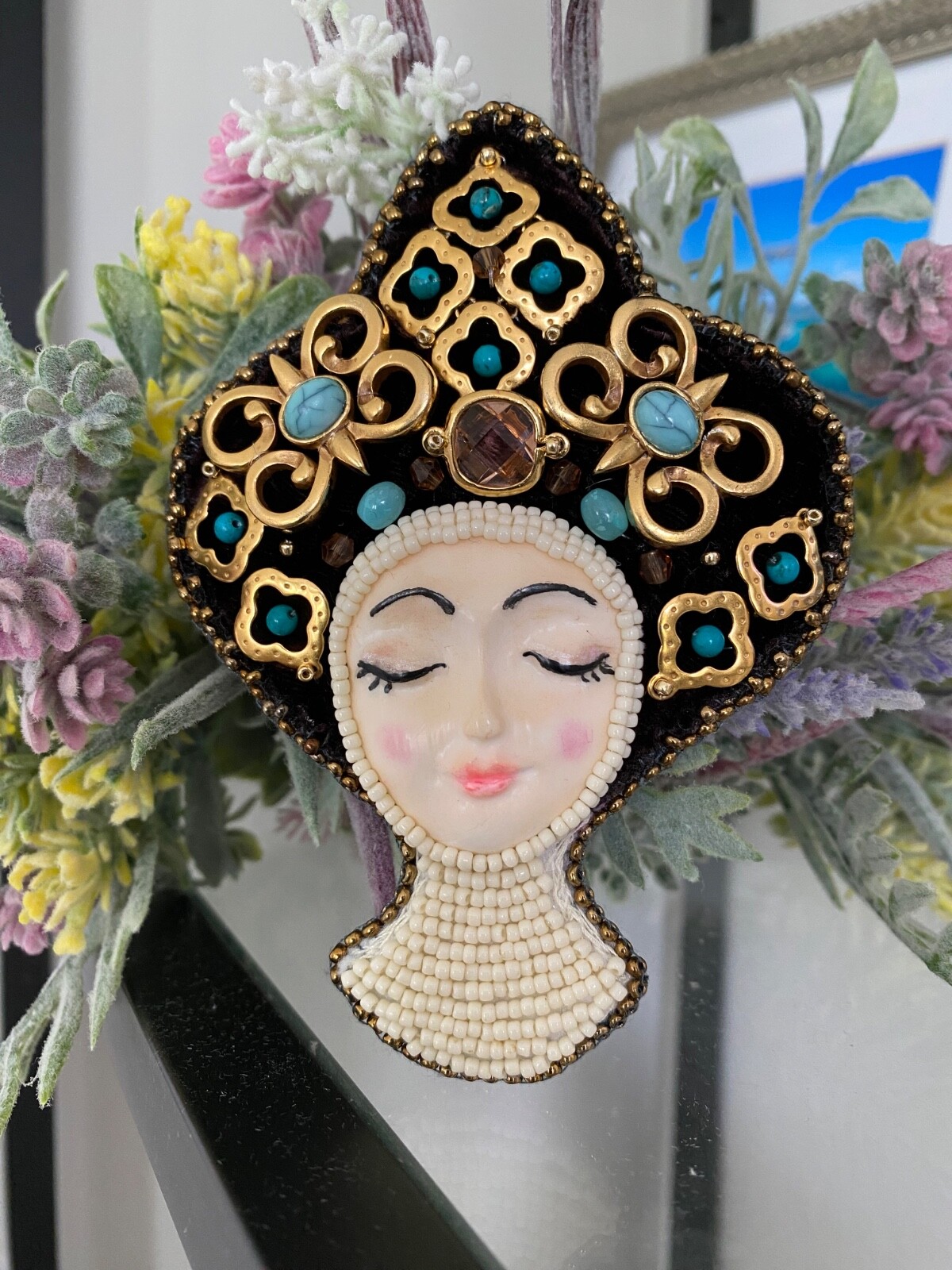 Brooch Art Doll Princess Beaded Turquoise