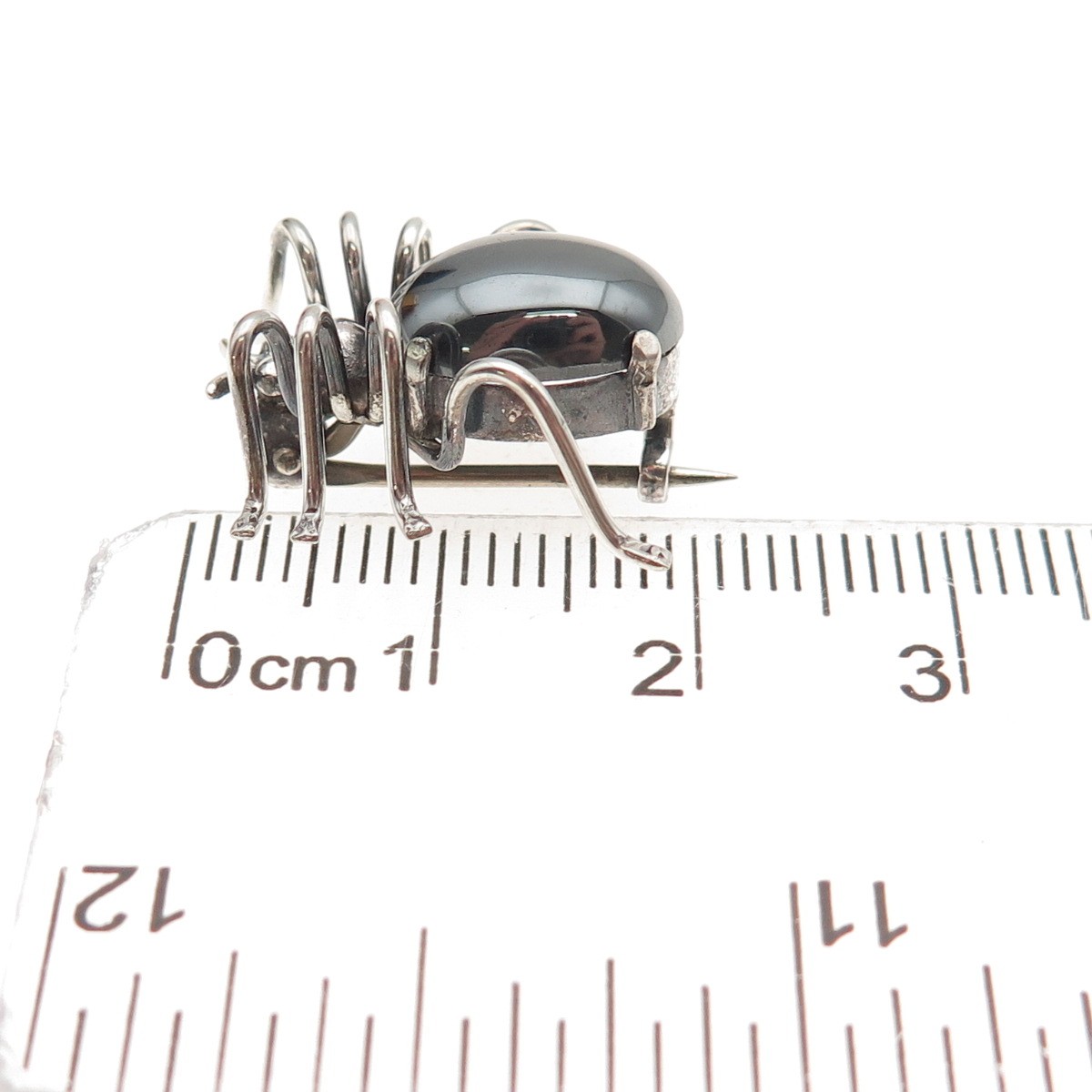 835 Silver Antique Art Deco Real Hematite Spider Oxidized 3D Mini Pin Brooch
