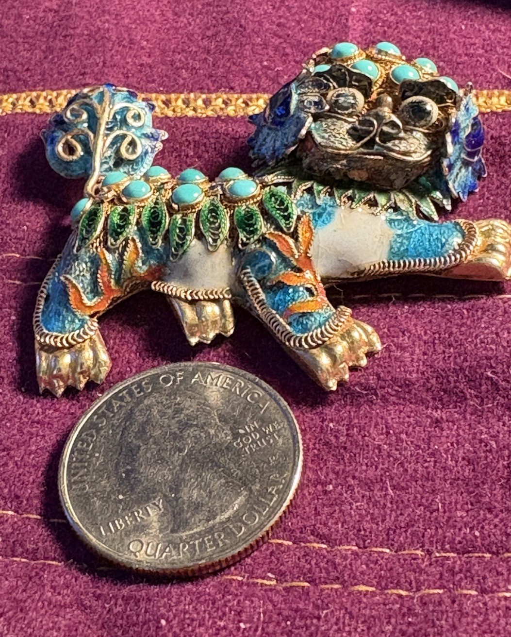 Antique Chinese Silver Gilt Enamel Vermeil Filagree Foo Fu Dog Lion Brooch Pin