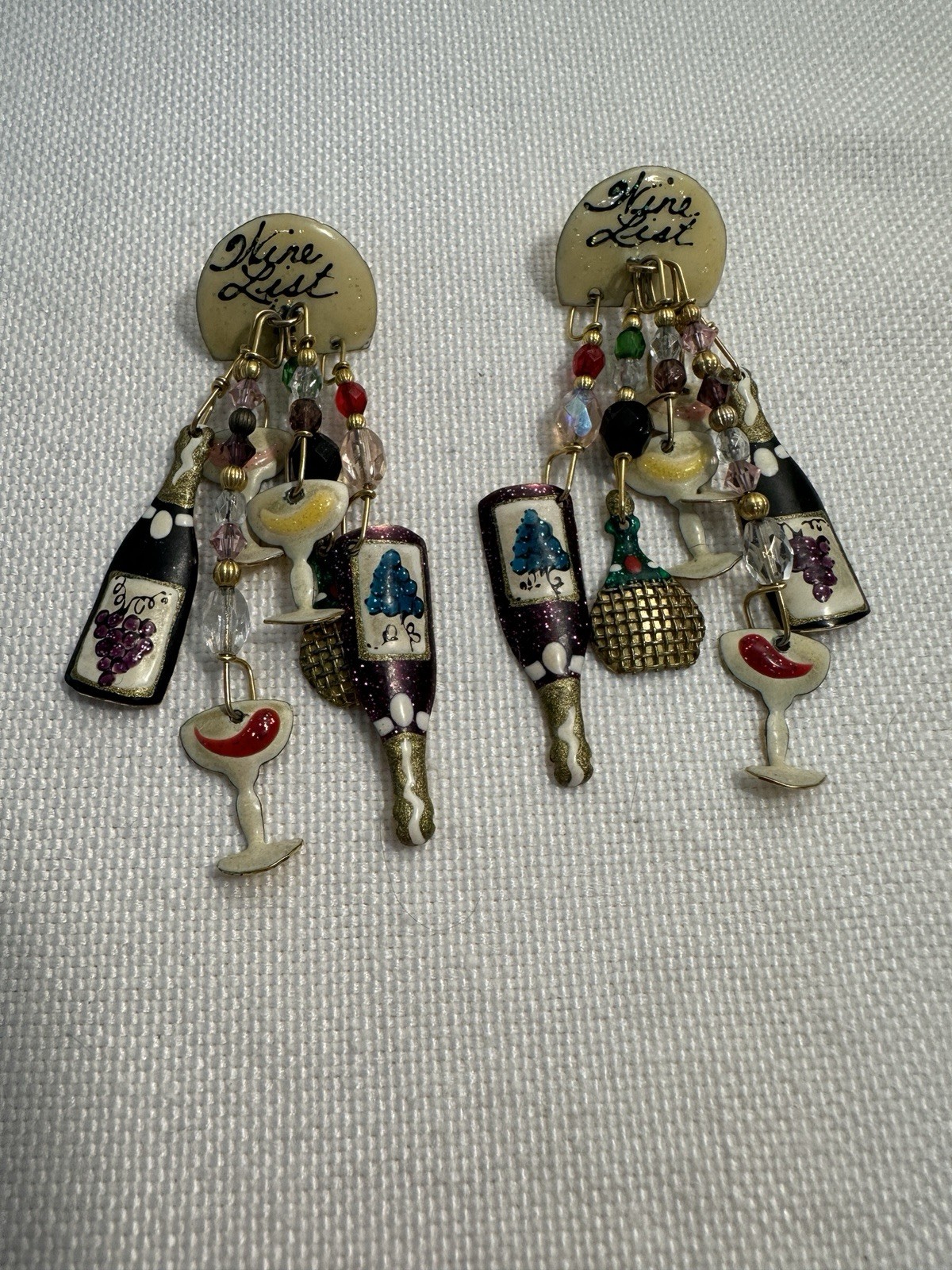 Lunch At The Ritz Wine List Earrings Crystal Enamel Dangle Pierced Ears