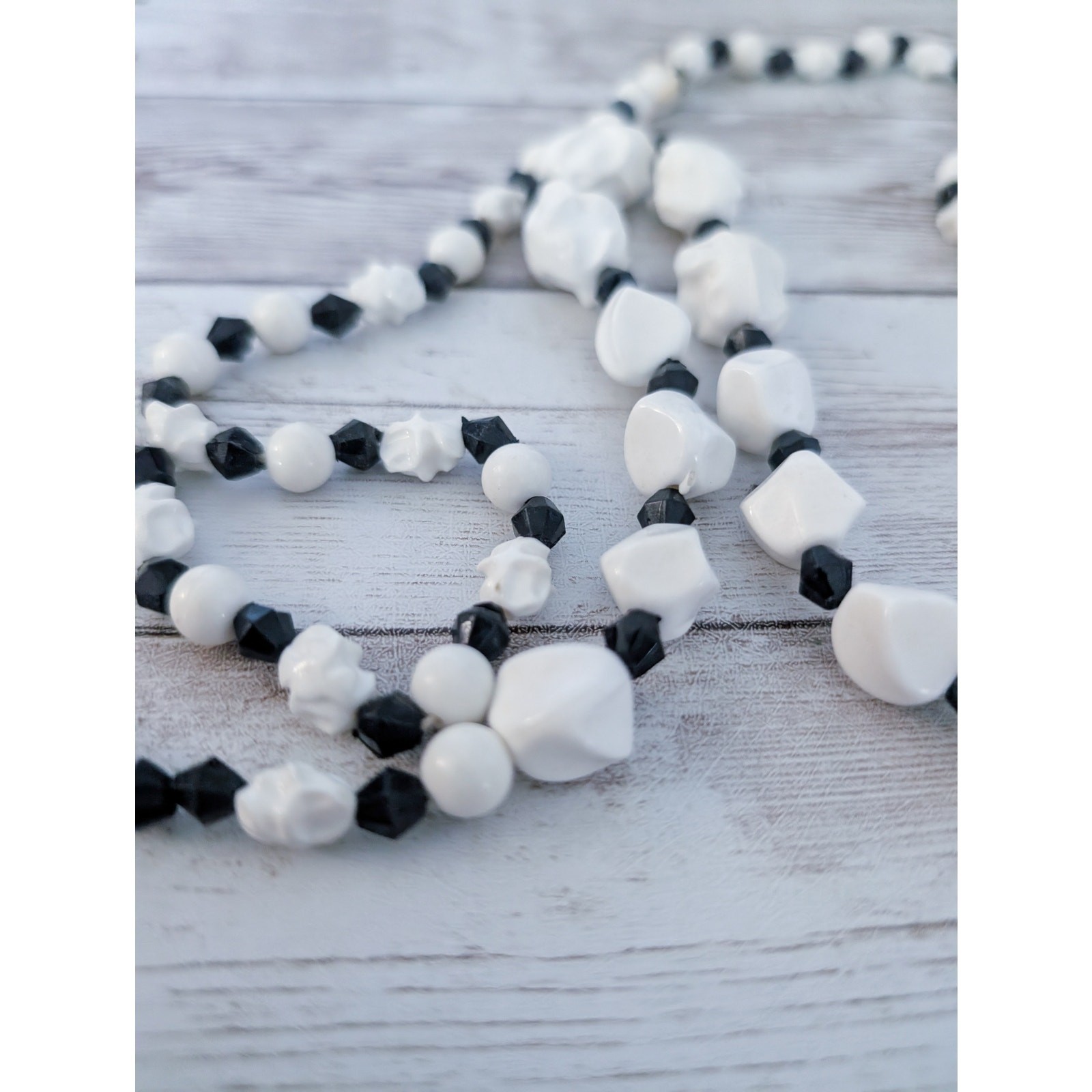 Vintage Necklace Statement Unusual Cream & Black Very Long Can Be Layered
