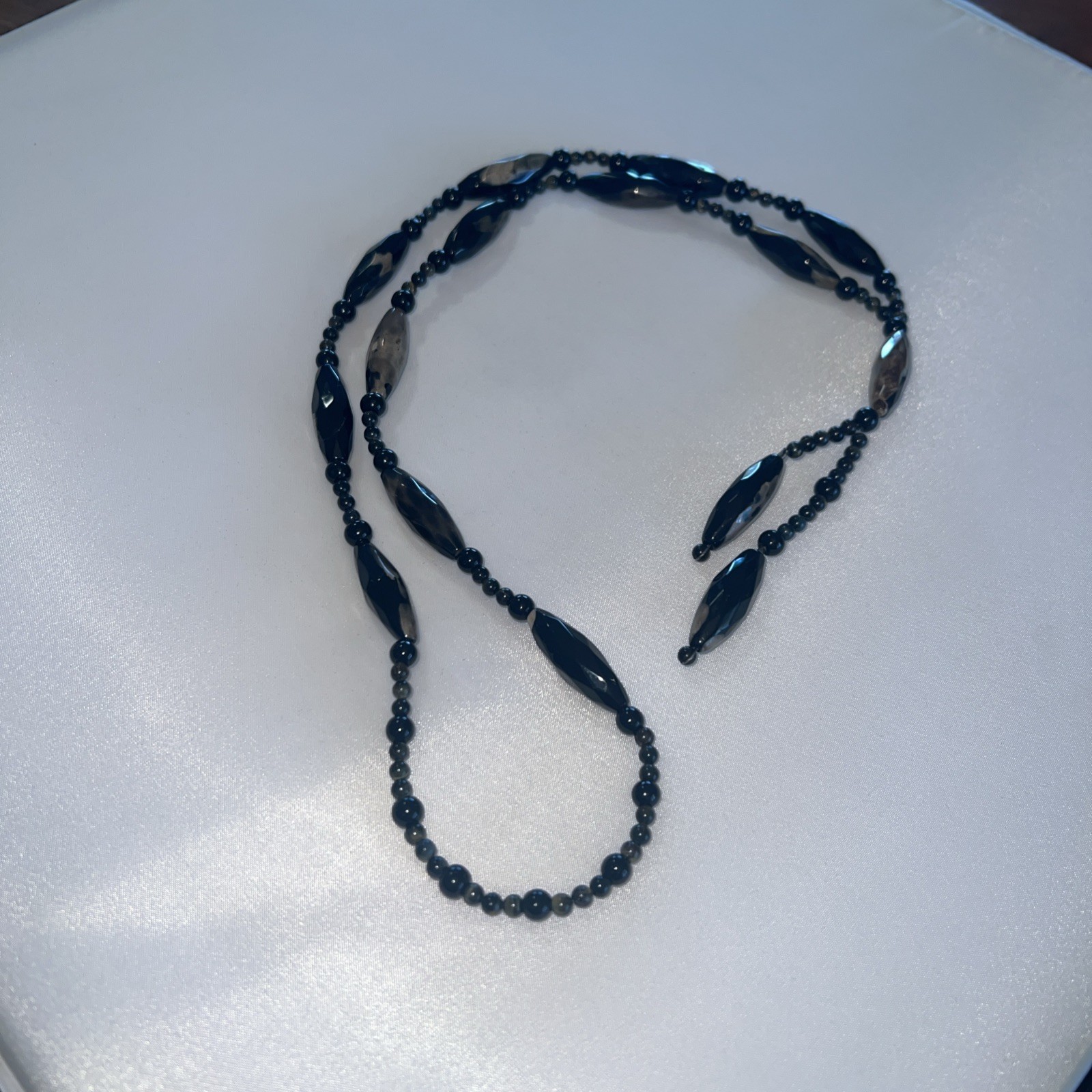 Lariat Necklace Gemstone Jasper & Agate Stones 28” Plus 4.5” Black, Tan Earrings