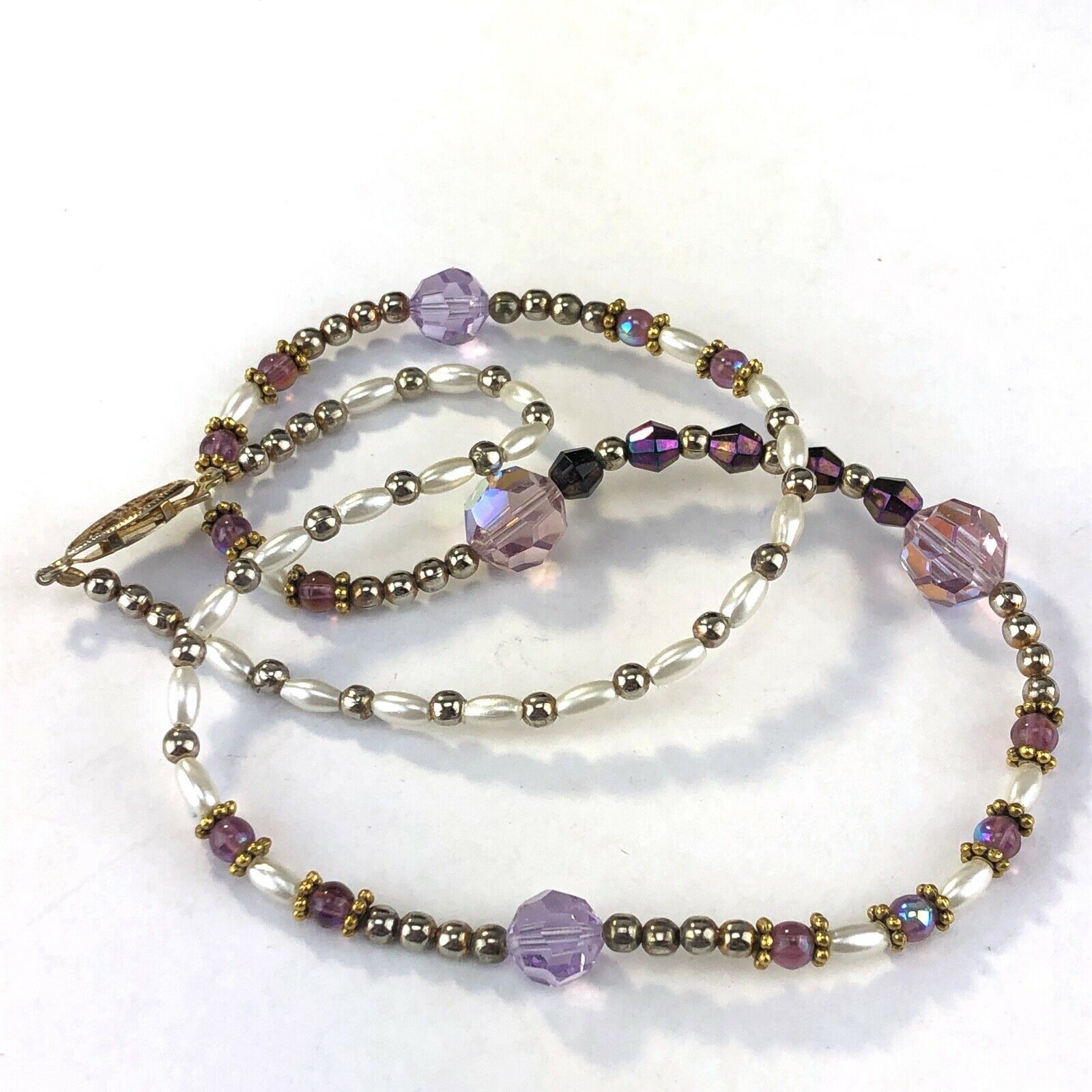 Beaded Crystal Faux Pearl Necklace Iridescent Purple Lavender