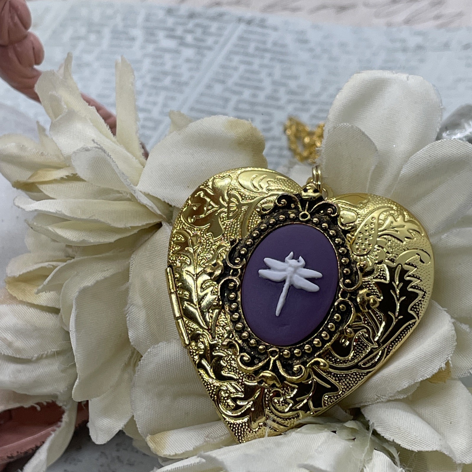 Gold Heart Locket Purple Birthday Anniversary Wedding Dragonfly Cameo Necklace