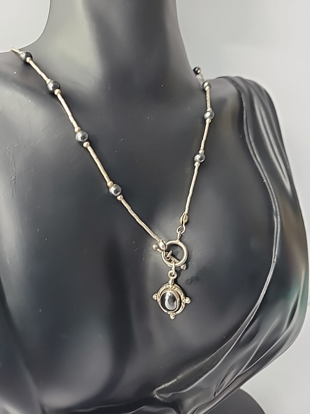 Vintage Silver Tone Hematite Pendant Necklace Bar Beaded Toggle Jewelry