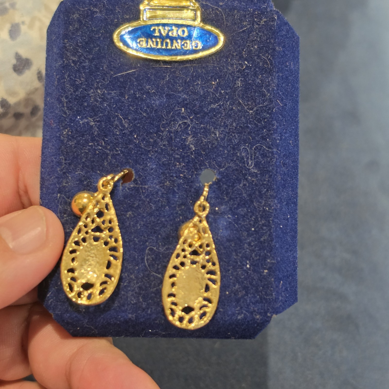 Vintage Elizabeth Farrell Genuine Opal Filigree Teardrop Earrings Gold Tone