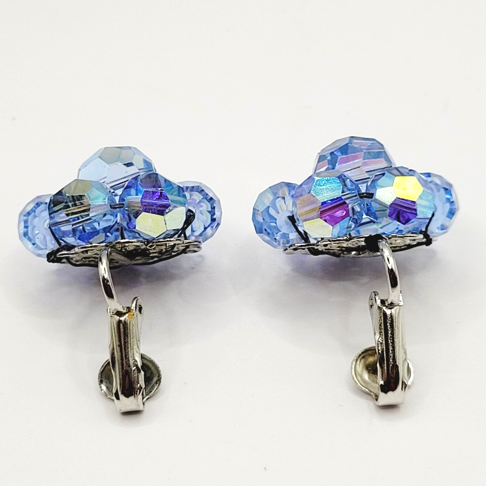Light Blue Faceted Crystal Bead Cluster Sparkling Fancy Vintage Clip On Earrings