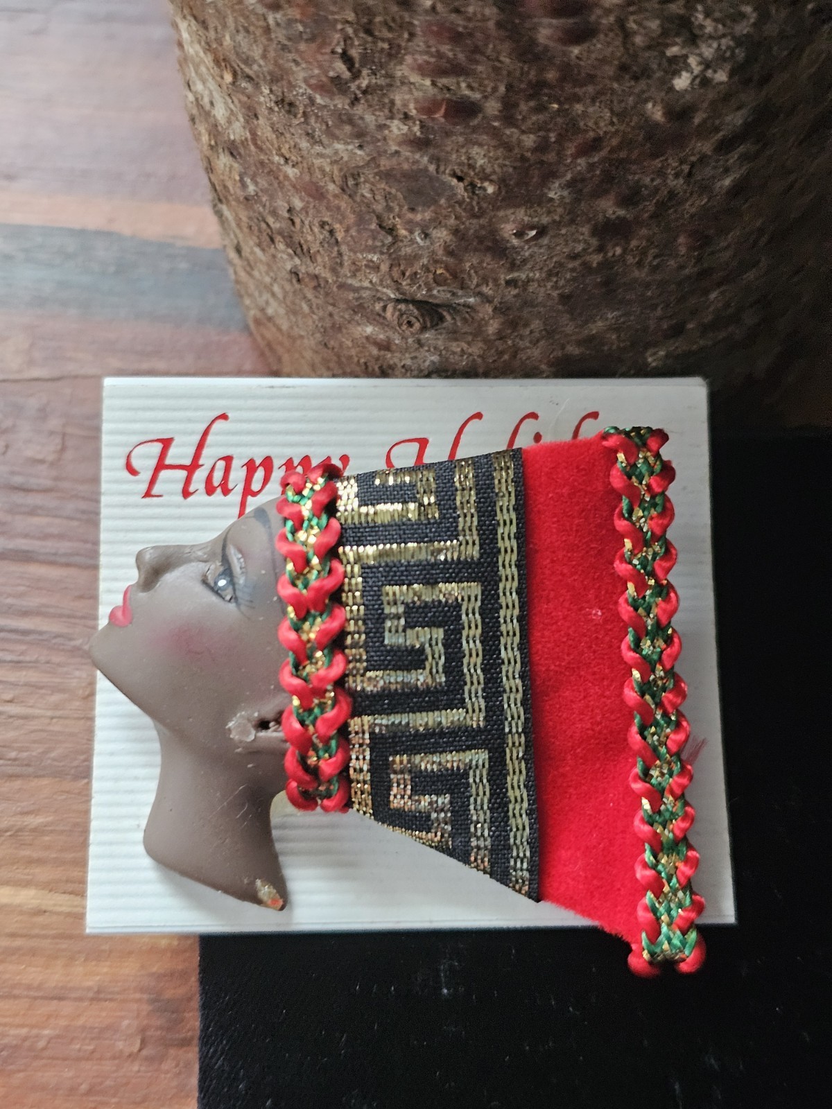 Vtg Brooch Fashion Jewelry African Woman Face Head Pin Kente Wrap Holiday