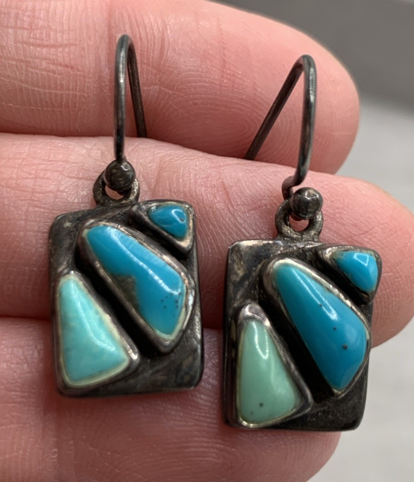 Vintage Southwest Sterling Silver Blue & Green Stone Rectangle Drop Earrings