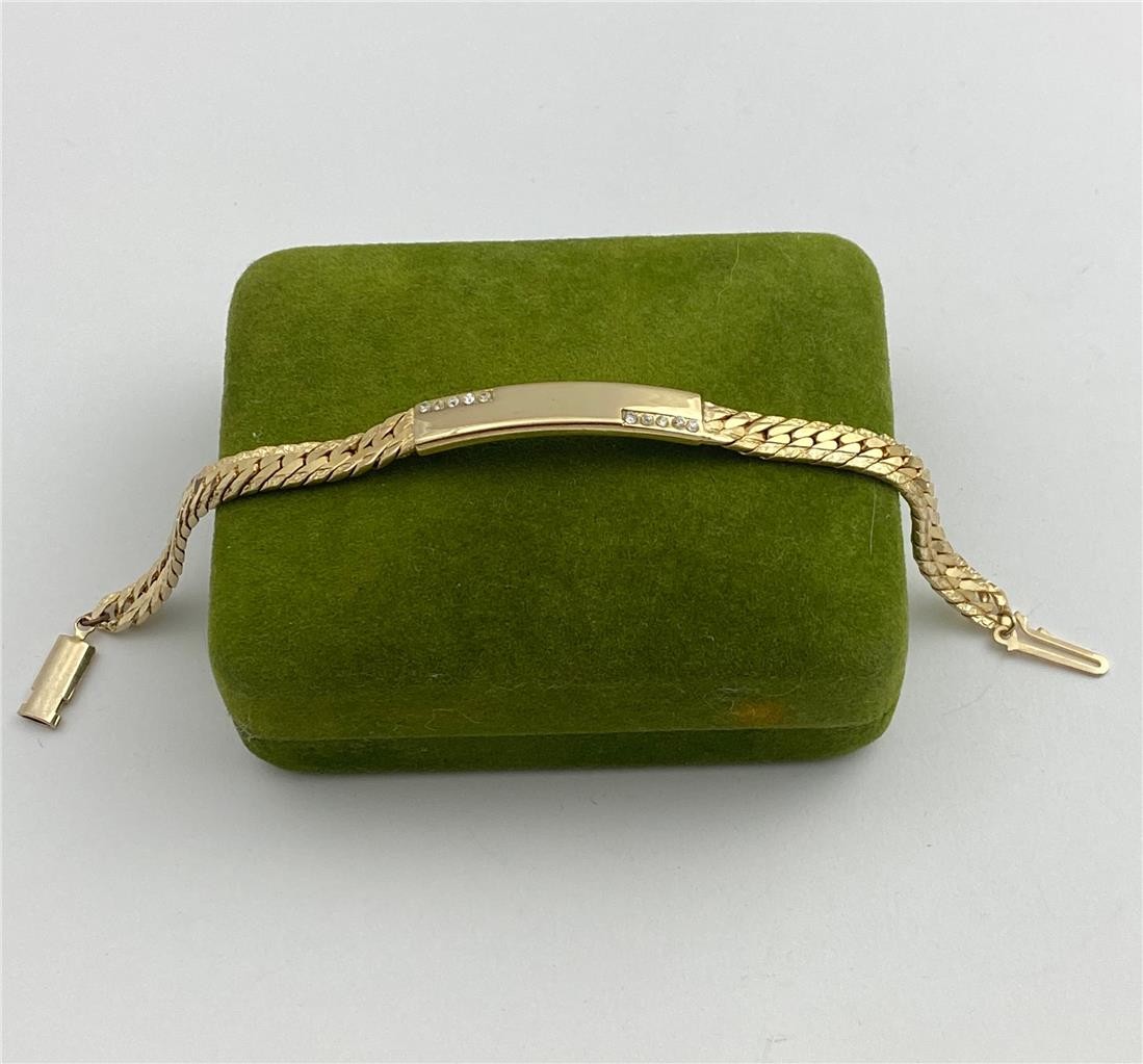 Vintage Gold Tone 6MM Wide Solid Link & Name Plate w/ Clear Crystals Bracelet 7″