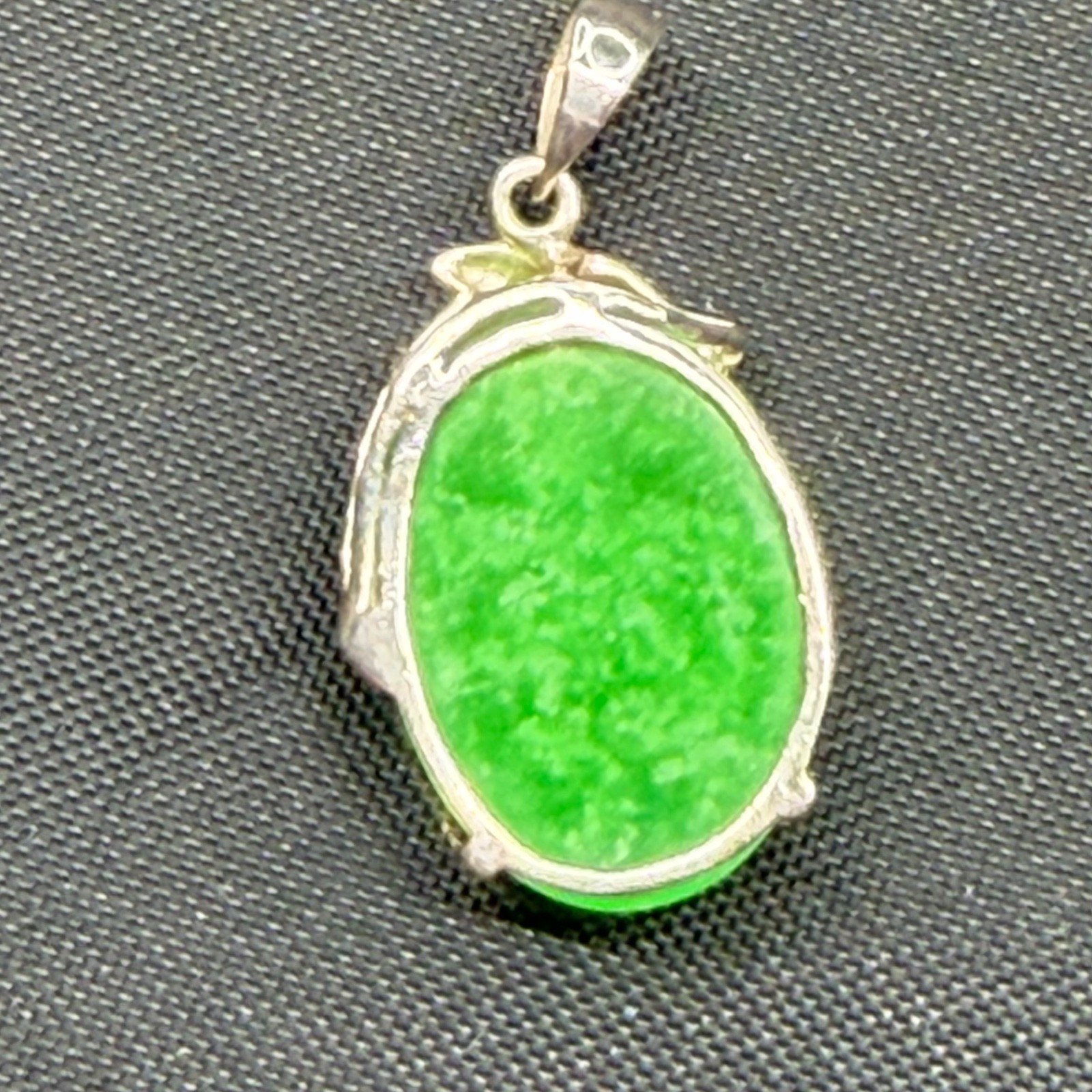 Vintage Dolphin Pendant Sterling 925 w/Green Jade Cabochon Oval