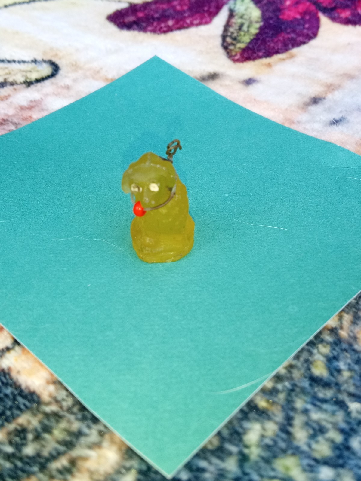 Antique, Vintage Czech Yellow Dog Cracker Jack Glass Charm, Prize, 1″