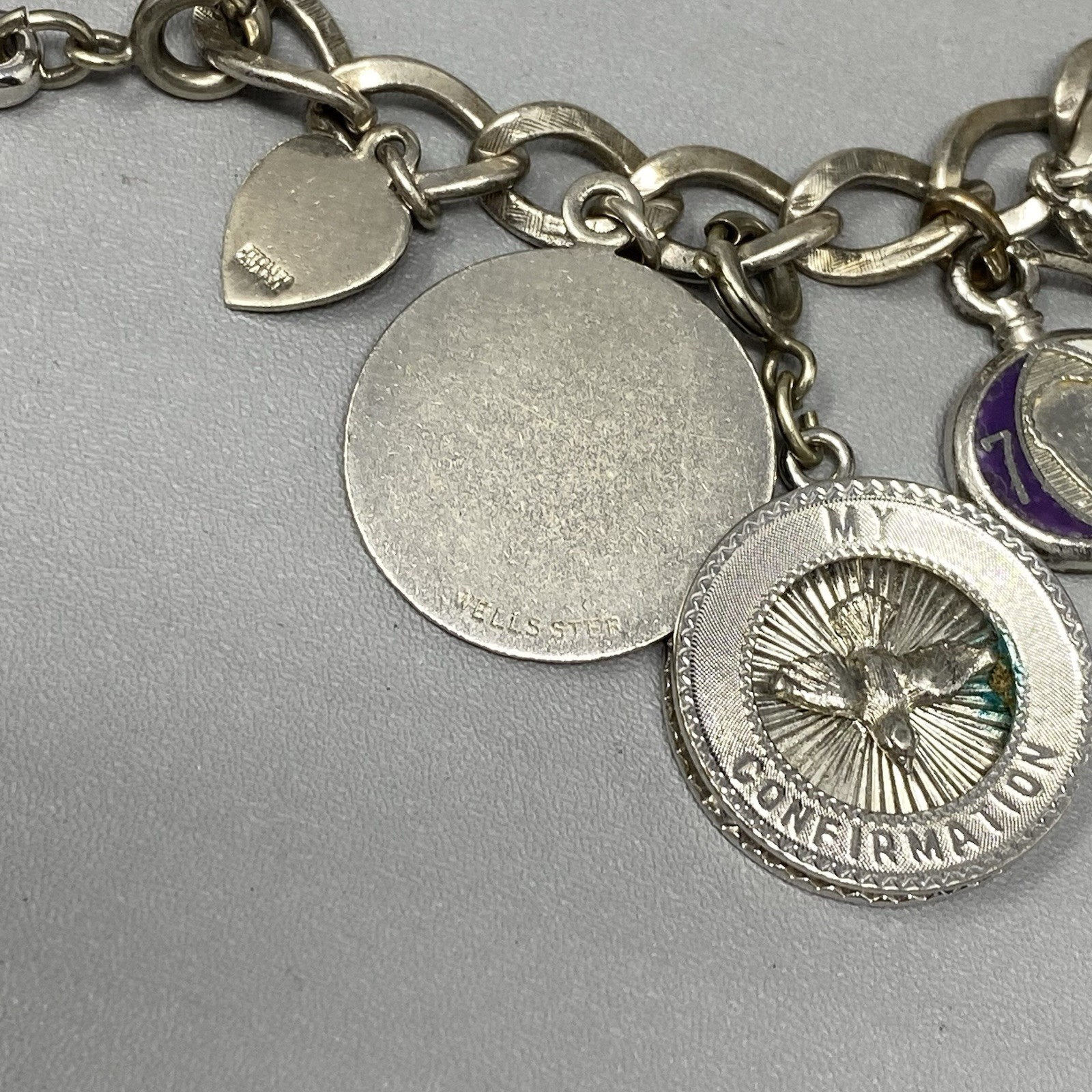 VTG 20 Charm Bracelet Sterling Silver Birthday Natie Cowbell School Hearts 6.5″