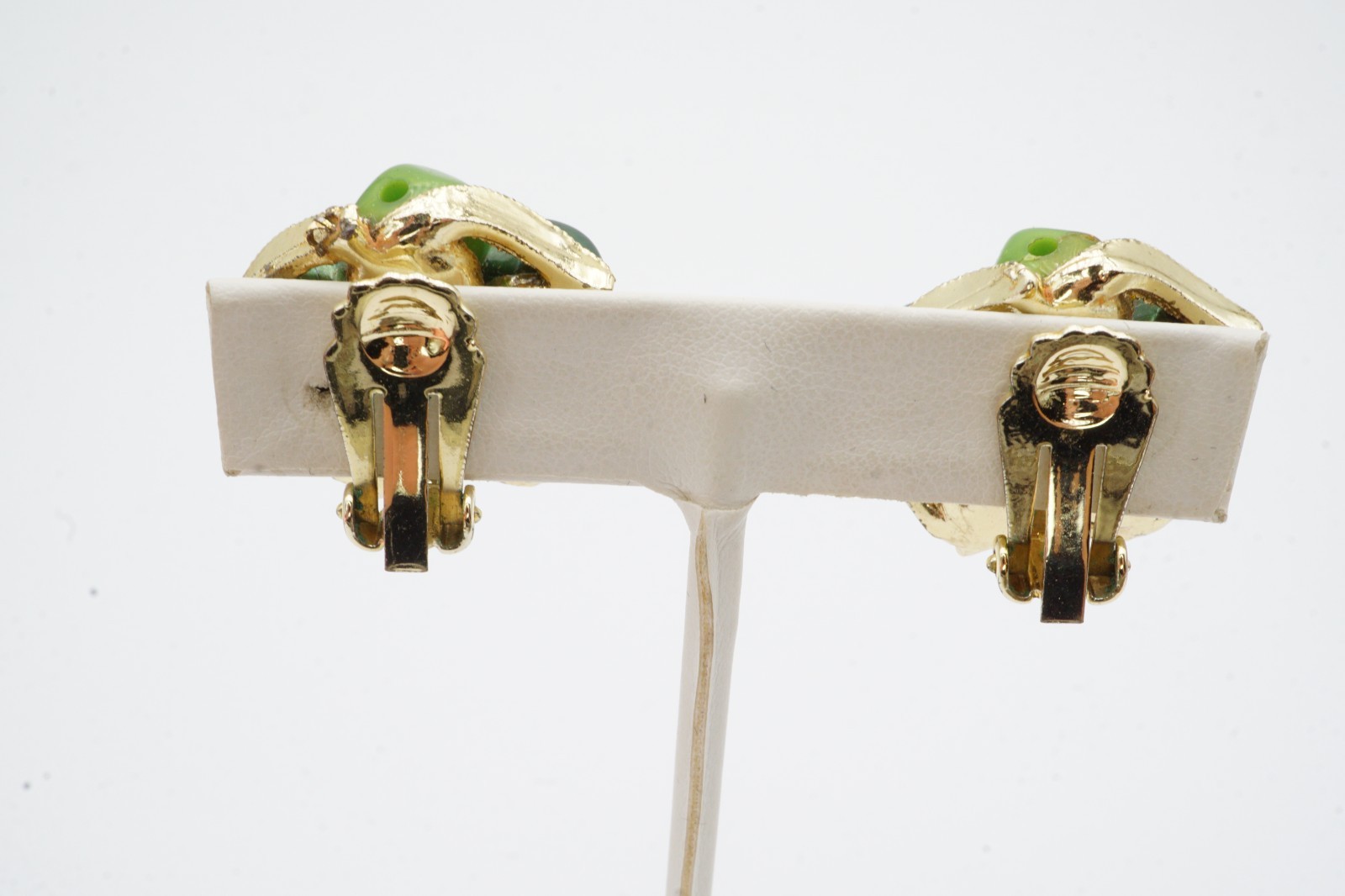 Vintage Clip On Earrings Gold Tone Green Stone
