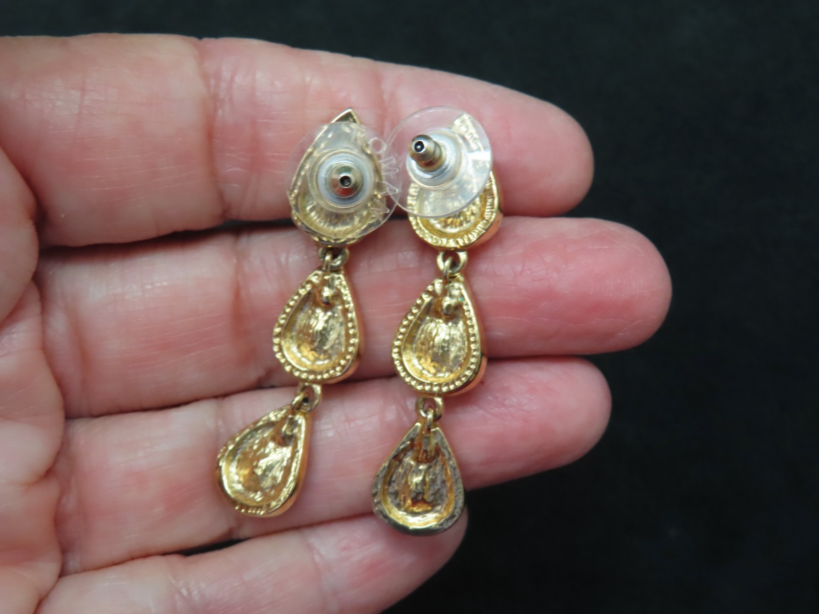 Vintage Gold Plated Red & White Dangle Drop Pierced Earrings