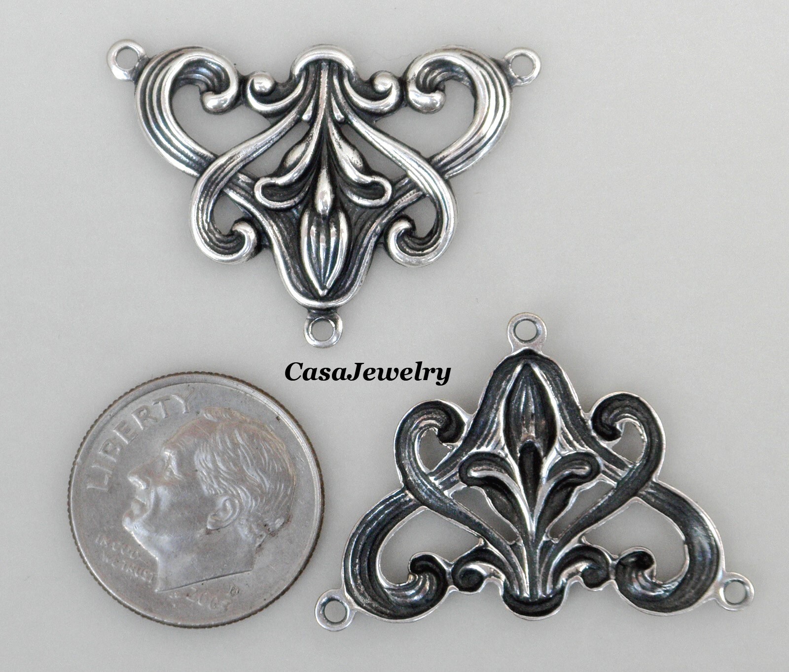 #1879 ANTIQUED STERLING SILVER PLATED FLORAL 3 RING “Y” CONNECTOR – 2 Pcs