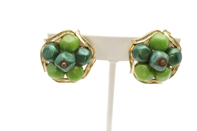 Vintage Clip On Earrings Gold Tone Green Stone