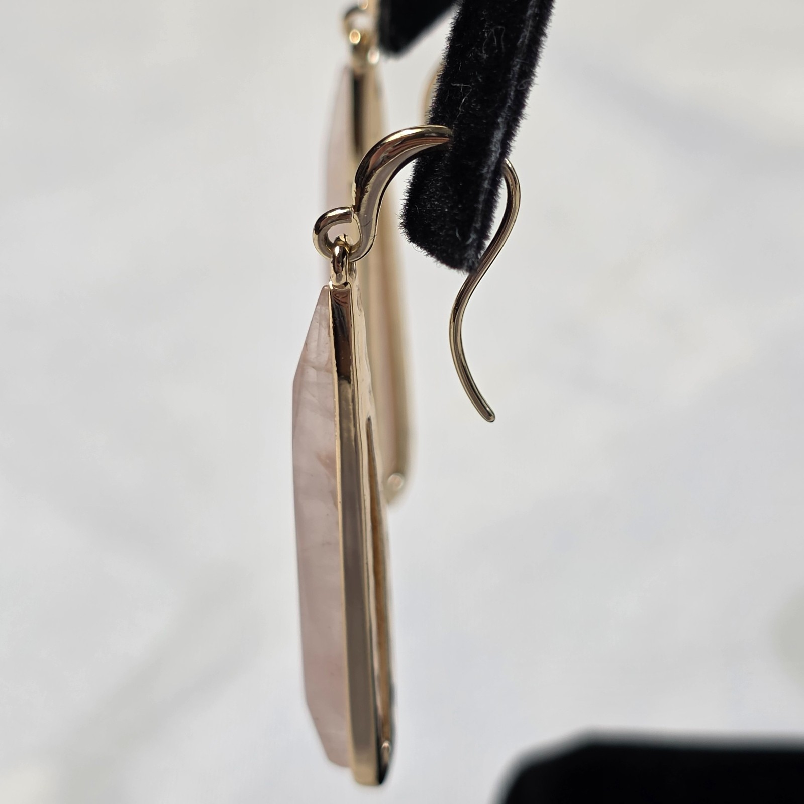 Linear Drop Wire Earrings Elongated Rose Quartz Teardrops in Gold-Tone Metal