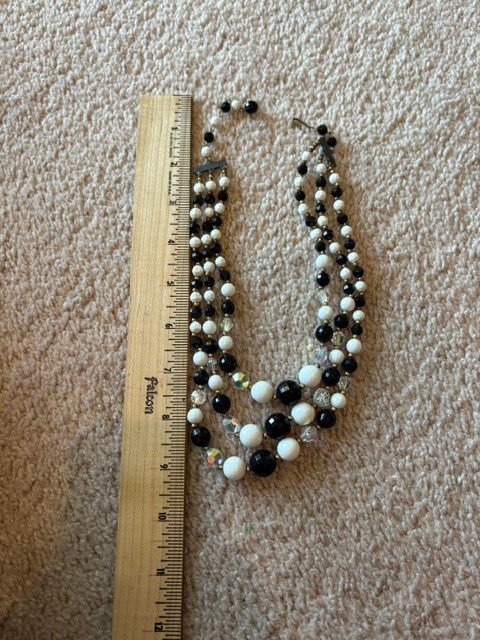 Multi-Strand Statement Necklace Black and White Beads with Clip On Earrings