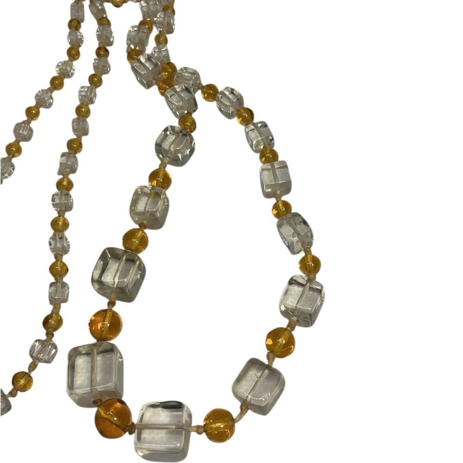 Vintage Czech Glass Necklace Yellow Graduated Cube & Clear Round Bead 36”