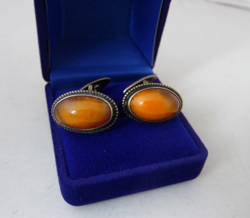 Vintage Soviet 875 Sterling Silver Cufflinks Amber 11.5g USSR